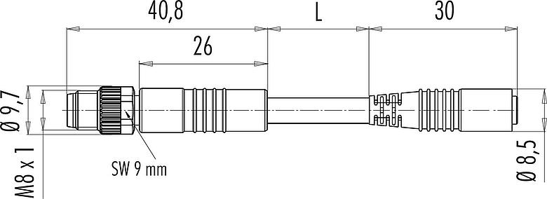 Dibujo a escala M8 Conector de cable macho - conector de cable hembra, Número de contactos: 3, sin blindaje, moldeado en el cable, IP65, PUR, negro, 3 x 0,25 mm², 1 m