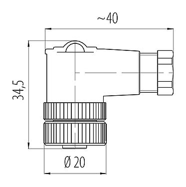 Dibujo a escala M12 Conector hembra en ángulo, Número de contactos: 2+PE, 6,0-8,0 mm, sin blindaje, tornillo extraíble, IP67, UL