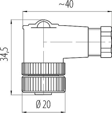 Dibujo a escala M12 Conector hembra en ángulo, Número de contactos: 2+PE, 4,0-6,0 mm, sin blindaje, tornillo extraíble, IP67