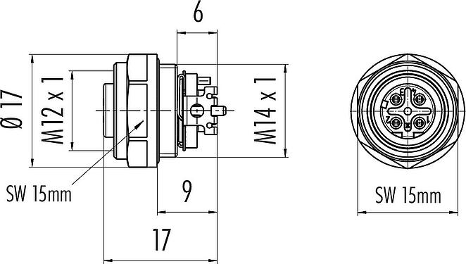 Dibujo a escala M12 Toma de brida, Número de contactos: 4, blindable, SMT, IP67, Montaje frontal