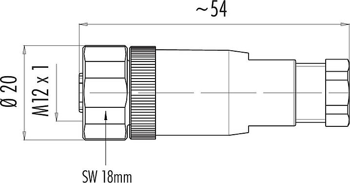 Scale drawing M12 Female cable connector, Contacts: 4, 4.0-6.0 mm, unshielded, screw clamp, IP67, UL 2238