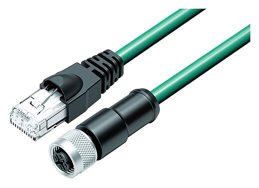 Ilustración M12/RJ45 Cable de conexión conector de cable hembra - conector RJ45, Número de contactos: 4, blindado, moldeado/engarzado, IP67, Ethernet CAT5e, TPE, azul/verde, 2 x 2 x AWG 24, 0,3 m