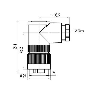 Scale drawing RD24 Female angled connector, Contacts: 6+PE, 8.0-10.0 mm, unshielded, screw clamp, IP67, UL, ESTI+, VDE, PG 11