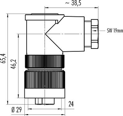 Dibujo a escala RD24 Conector hembra en ángulo, Número de contactos: 6+PE, 8,0-10,0 mm, sin blindaje, tornillo extraíble, IP67, UL, ESTI+, VDE, PG 11