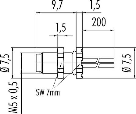 Scale drawing M5 Male panel mount connector, Contacts: 4, unshielded, single wires, IP67, M5x0.5, Rear mounting, potted
