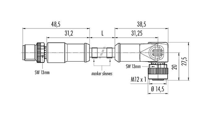 Scale drawing M12 Connecting cable male cable connector - female angled connector, Contacts: 8, unshielded, moulded on the cable, IP68/IP69K, UL 2238, PVC, grey, 8 x 0.25 mm², 0.3 m
