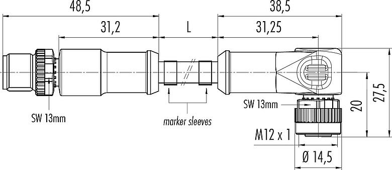 Dessin coté M12 Câble de raccordement connecteur mâle - connecteur femelle coudé, Contacts: 12, non blindé, surmoulé sur le câble, IP68/IP69K, UL 2238, PVC, gris, 12 x 0,25 mm², 1 m