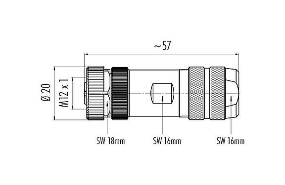 Dessin coté M12 Connecteur femelle, Contacts: 8, 8,0-10,0 mm, blindable, pince à visser, IP67, UL 2238, avec anneau de protection