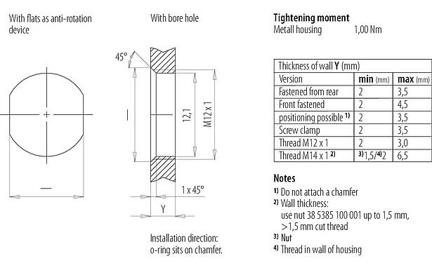Assembly instructions / Panel cut-out M12 Female panel mount connector, Contacts: 8, shieldable, THT, IP67, UL, M12x1.0, Front mounting, potted