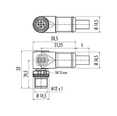 Scale drawing M12 Male angled connector, Contacts: 5, shielded, moulded on the cable, IP68, UL 2238, CAN-Bus, PUR, violet, 1 x 2 x AWG 22 + 1 x 2 x AWG 24, 10 m