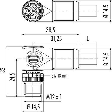 Dessin coté M12 Connecteur mâle coudé, Contacts: 5, blindé, surmoulé sur le câble, IP68, UL 2238, CAN-Bus, PUR, violet, 1 x 2 x AWG 22 + 1 x 2 x AWG 24, 2 m