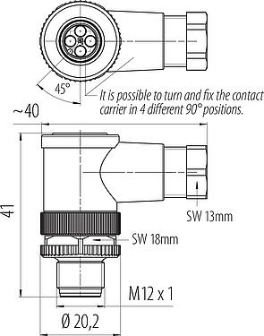 Scale drawing M12 Male angled connector, Contacts: 4, 4.0-6.0 mm, unshielded, crimping (Crimp contacts must be ordered separately), IP67, UL 2238