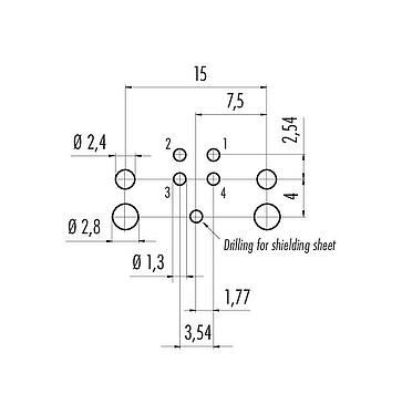 Disposición del conductor M12 Enchufe de ángulo brida, Número de contactos: 4, blindable, THR, IP68, UL 2238, Montaje en pared, para montaje de PCB