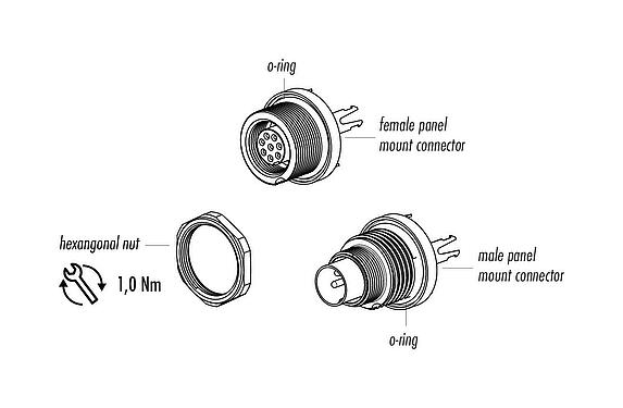Component part drawing M9 Female panel mount connector, Contacts: 7, shieldable, THT, IP67, M12x0.5, Rear mounting, potted