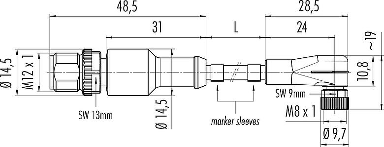 Scale drawing M12/M8 Male cable connector - female angled connector, Contacts: 4, unshielded, moulded on the cable, IP67/IP69K, UL 2238, PVC, grey, 4 x 0.34 mm², 2 m