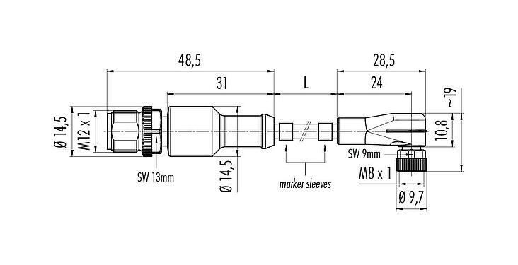 Scale drawing M12/M8 Male cable connector - female angled connector, Contacts: 4, unshielded, moulded on the cable, IP67/IP69K, UL 2238, PVC, grey, 4 x 0.34 mm², 2 m