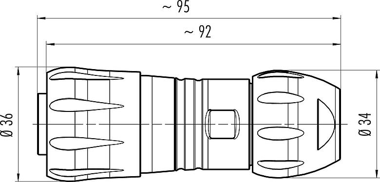 Dibujo a escala Bayoneta Conector de cable hembra, Número de contactos: 4+PE, 7,0-17,0 mm, sin blindaje, crimpado (los contactos de crimpado deben pedirse por separado), IP68/IP69K, UL 2238, VDE, UV-Beständig