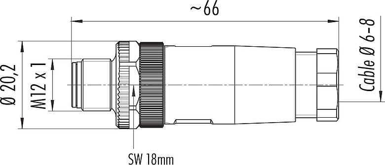 Dibujo a escala M12 Conector de cable macho, Número de contactos: 3+PE, 6,0-8,0 mm, sin blindaje, tornillo extraíble, IP67, UL 2238, VDE