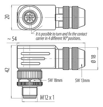 Scale drawing M12 Male angled connector, Contacts: 4, 6.0-8.0 mm, shieldable, screw clamp, IP67, UL 2238, with shielding ring