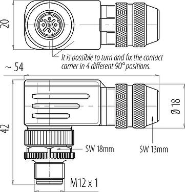 Scale drawing M12 Male angled connector, Contacts: 4, 6.0-8.0 mm, shieldable, screw clamp, IP67, UL 2238, with shielding ring