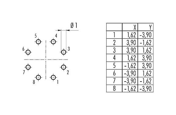 Conductor layout Bayonet Female panel mount connector, Contacts: 8, unshielded, solder, IP67, M13x1,0, Front mounting