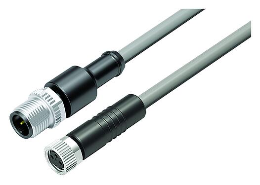 Illustration M12/M8 Male cable connector - female cable connector, Contacts: 3, unshielded, moulded on the cable, IP67/IP69K, UL 2238, PVC, grey, 3 x 0.34 mm², 2 m