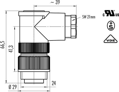Dessin coté RD24 Connecteur mâle coudé, Contacts: 3+PE, 10,0-12,0 mm, non blindé, pince à visser, IP67, UL, ESTI+, VDE, PG 13,5