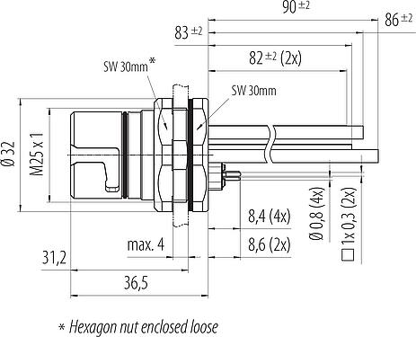 Dibujo a escala B23 Toma de brida, Número de contactos: 9 (4+PE + 4), THT, IP65/IP67, Montaje en pared, ENP: Pin de alimentación / Conector de datos