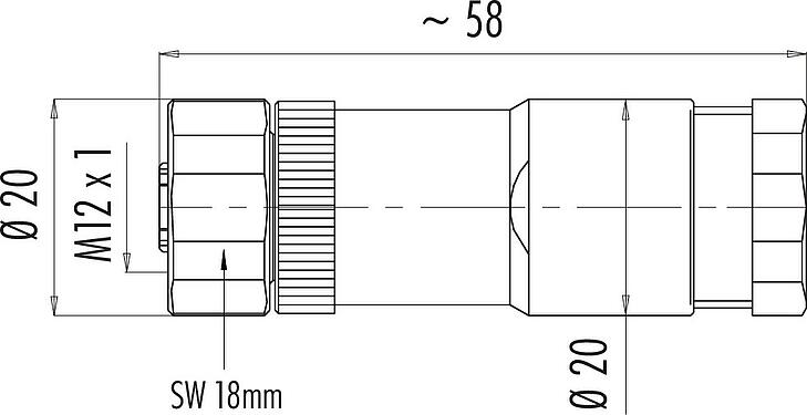 Scale drawing M12 Female cable duo connector, Contacts: 4, 2.1-3.0 mm (2 cable) or 4-5 mm (2 cable), unshielded, screw clamp, IP67, UL 2238