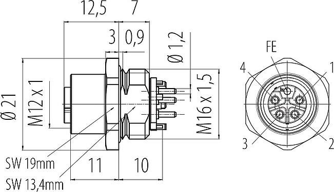 Dibujo a escala M12 Toma de brida, Número de contactos: 4+FE, sin blindaje, THR, IP67, UL 2238, M16x1,5, Montaje frontal
