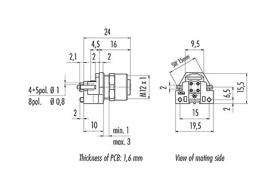 Dessin coté M12 Embase femelle, Contacts: 4, non blindé, THR, IP68, UL 2238, M12x1,0, Montage mural arrière, pour assemblage PCB, conception en deux parties