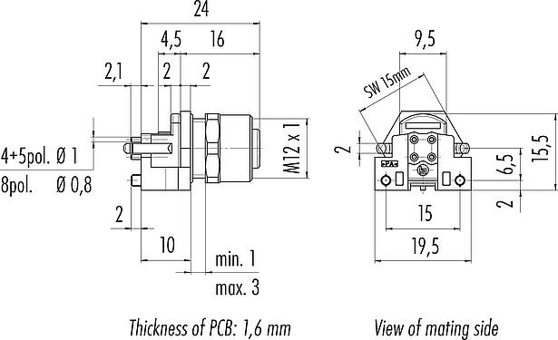 Dibujo a escala M12 Toma de brida, Número de contactos: 4, sin blindaje, THR, IP68, UL 2238, M12x1,0, Montaje en pared, para montaje de PCB, diseño de dos partes