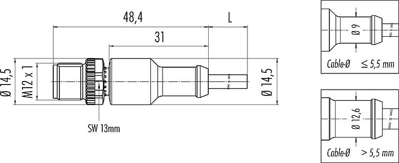 Dibujo a escala M12 Conector de cable macho, Número de contactos: 4, sin blindaje, moldeado en el cable, IP68/IP69K, UL 2238, PLTC, TPE-E, amarillo, 4 x AWG 22, 10 m