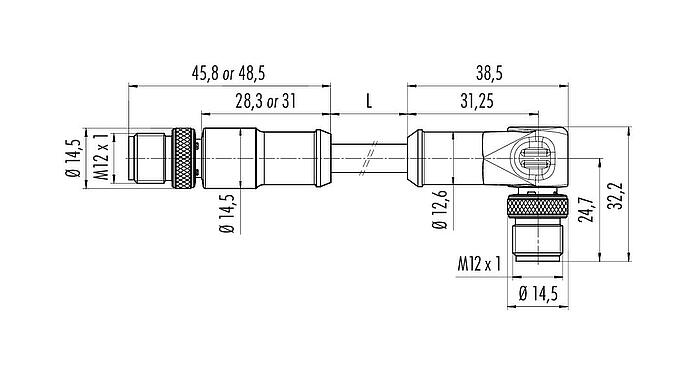 Scale drawing M12 Connecting cable male cable connector - male angled connector, Contacts: 8, shielded, moulded on the cable, IP67, Ethernet CAT5e, TPE, black, 4 x 2 x AWG 24, 2 m