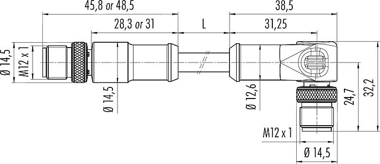 Dibujo a escala M12 Cable de conexión conector de cable macho - conector macho en ángulo, Número de contactos: 8, blindado, moldeado en el cable, IP67, Ethernet CAT5e, TPE, azul/verde, 4 x 2 x AWG 24, 2 m