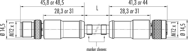 Dessin coté M12 Câble de raccordement connecteur mâle - connecteur femelle, Contacts: 8, blindé, surmoulé sur le câble, IP67, UL 2238, PUR, noir, 8 x 0,25 mm², 2 m