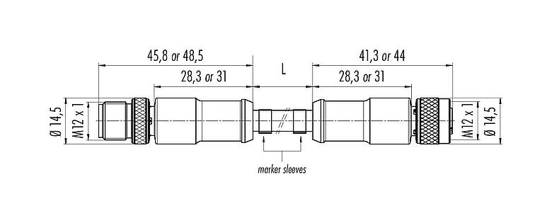 Scale drawing M12 Connecting cable male cable connector - female cable connector, Contacts: 5, shielded, moulded on the cable, IP67, UL 2238, PUR, black, 5 x 0.25 mm², 1 m