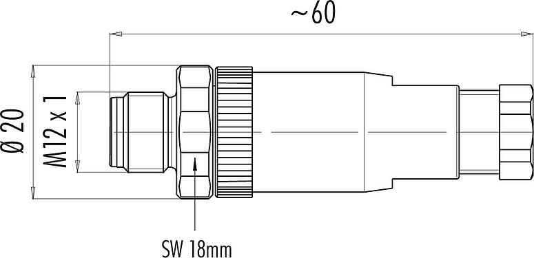 Scale drawing M12 Male cable connector, Contacts: 4, 4.0-6.0 mm, unshielded, screw clamp, IP67, UL 2238