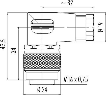 Scale drawing M16 Female angled connector, Contacts: 24, 6.0-8.0 mm, unshielded, solder, IP67