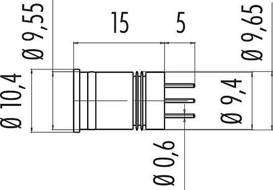 Scale drawing M12 Male receptacle, Contacts: 5, unshielded, THT, IP67