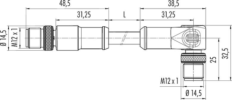 Dibujo a escala M12 Cable de conexión conector de cable macho - conector macho en ángulo, Número de contactos: 4, blindado, moldeado en el cable, IP67, UL, Ethernet CAT5e, TPE, negro, 2 x 2 x AWG 24, 5 m