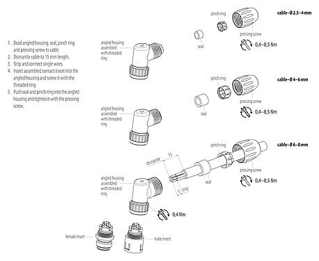 Assembly instructions Snap-In Female angled connector, Contacts: 8, 6.0-8.0 mm, unshielded, solder, IP67