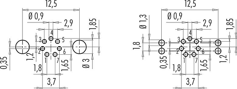 Conductor layout M9 Female panel mount connector, Contacts: 7, shieldable, THT, IP67, M12x0.5, Rear mounting, potted