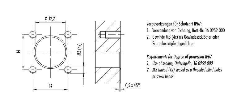 Muestra de montaje M12 Conector de montaje en panel macho cuadrado, Número de contactos: 4, sin blindaje, hilos, IP40, UL 2238, M3 (4x), Montaje frontal, moldeado