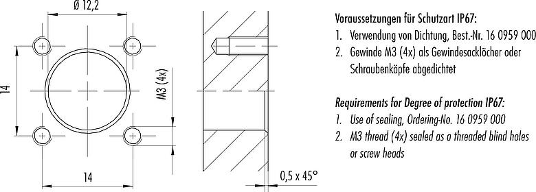 Instructions de montage / Découpe du panneau M12 Embase mâle, carré, Contacts: 4, non blindé, fils, IP40, UL 2238, M3 (4x), Montage frontal, coulé
