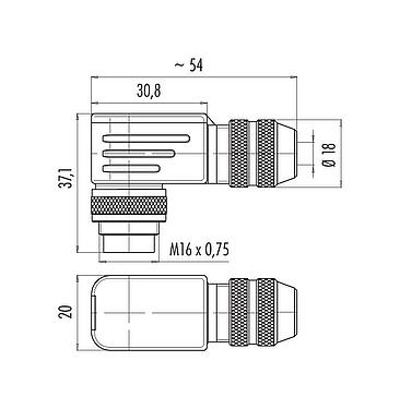 Scale drawing M16 Male angled connector, Contacts: 16, 6.0-8.0 mm, shieldable, solder, IP67, UL 2238