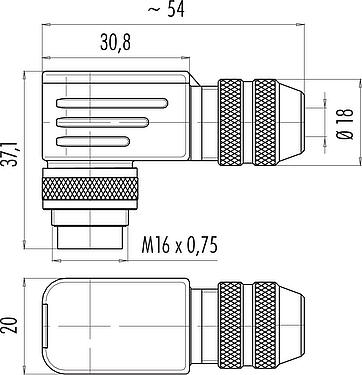 Scale drawing M16 Male angled connector, Contacts: 2 (02-a), 6.0-8.0 mm, shieldable, solder, IP67, UL 2238