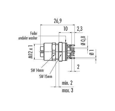 Scale drawing M12 Female panel mount connector, Contacts: 8, shieldable, THT, IP67, UL, M12x1.0, Front mounting, potted