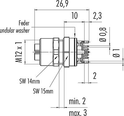 Dibujo a escala M12 Toma de brida, Número de contactos: 8, blindable, THT, IP67, UL, M12x1,0, Montaje frontal