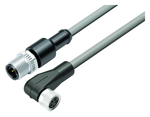 Illustration M12/M8 Male cable connector - female angled connector, Contacts: 4, unshielded, moulded on the cable, IP67/IP69K, UL 2238, PVC, grey, 4 x 0.34 mm², 2 m